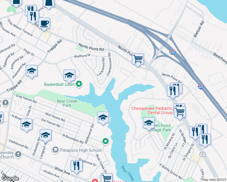 map of restaurants, bars, coffee shops, grocery stores, and more near 7810 Deboy Avenue in Dundalk