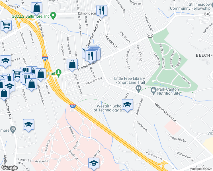 map of restaurants, bars, coffee shops, grocery stores, and more near 115 New Market Court in Catonsville