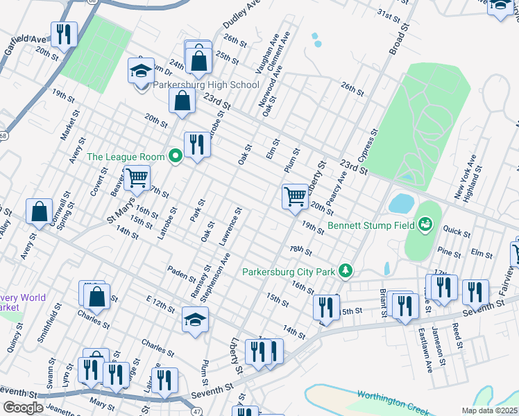 map of restaurants, bars, coffee shops, grocery stores, and more near 1628 19th Street in Parkersburg