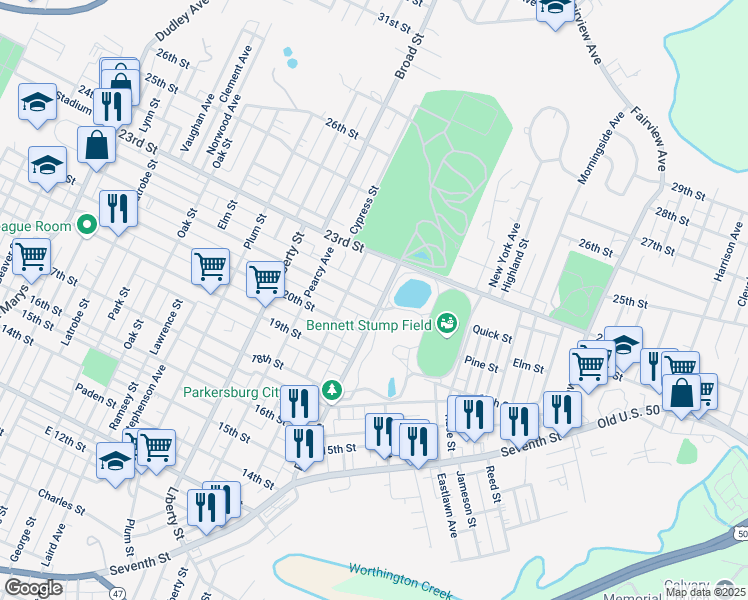map of restaurants, bars, coffee shops, grocery stores, and more near 2021 Washington Avenue in Parkersburg
