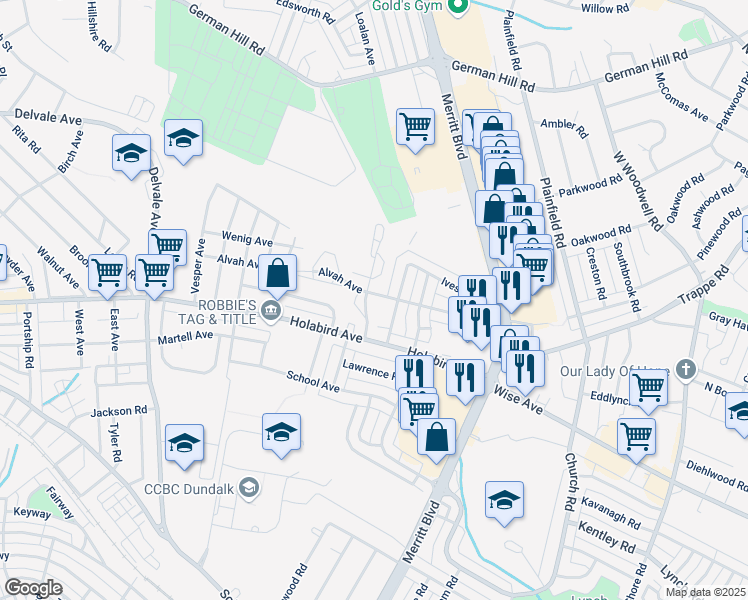 map of restaurants, bars, coffee shops, grocery stores, and more near 1707 Holaview Road in Dundalk