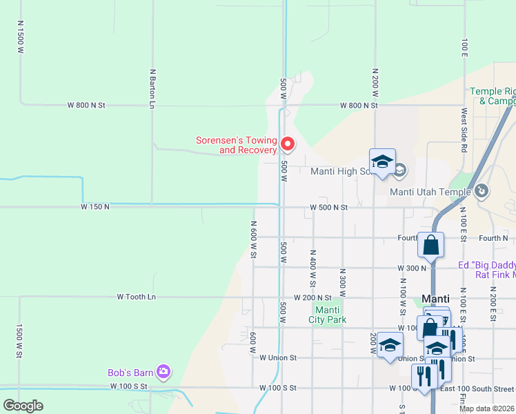 map of restaurants, bars, coffee shops, grocery stores, and more near 1145 West 500 North Street in Manti