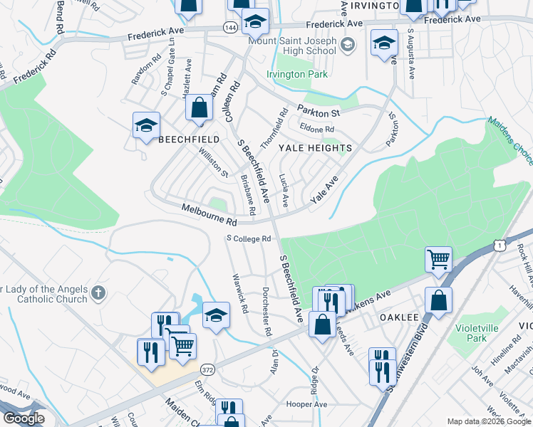 map of restaurants, bars, coffee shops, grocery stores, and more near 620 South Beechfield Avenue in Baltimore
