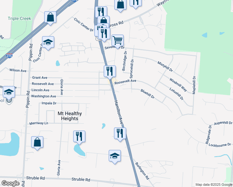 map of restaurants, bars, coffee shops, grocery stores, and more near 10794 Hamilton Avenue in Cincinnati