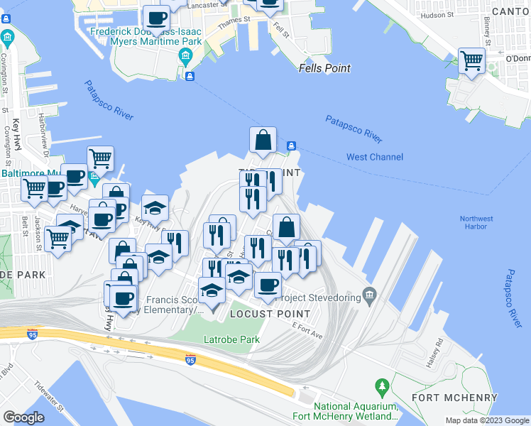 map of restaurants, bars, coffee shops, grocery stores, and more near 1143 Hull Street in Baltimore