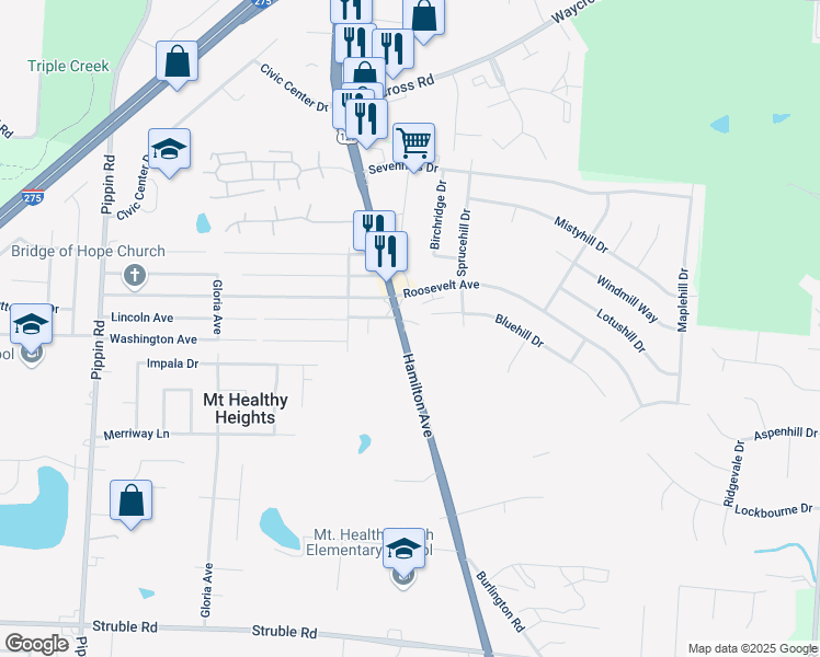 map of restaurants, bars, coffee shops, grocery stores, and more near 10794 Hamilton Avenue in Cincinnati