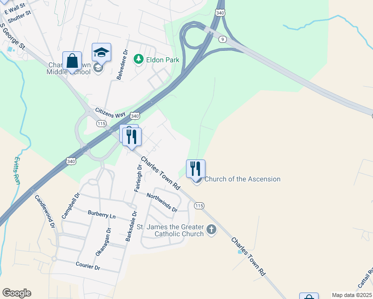 map of restaurants, bars, coffee shops, grocery stores, and more near 185 Oakland Terrace in Charles Town