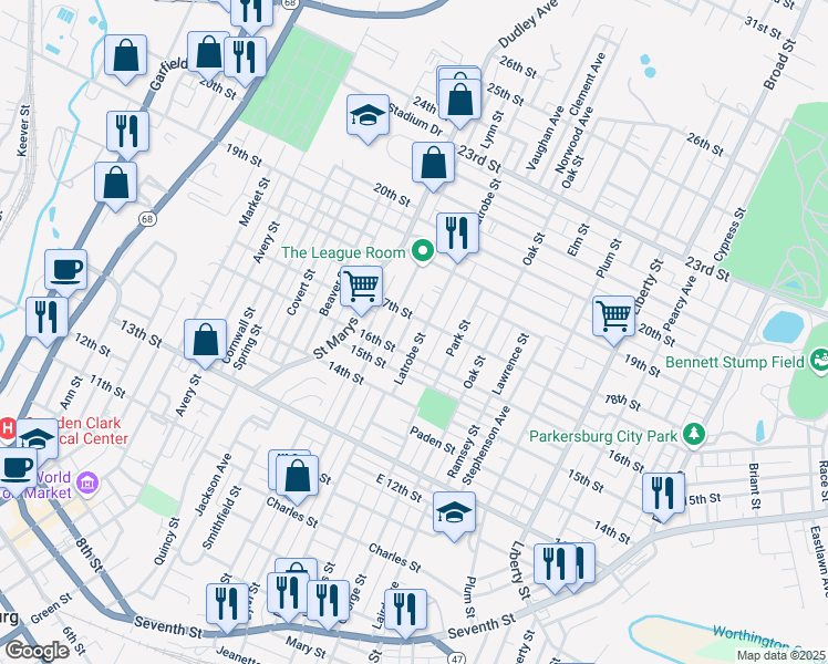 map of restaurants, bars, coffee shops, grocery stores, and more near 1625 Latrobe Street in Parkersburg