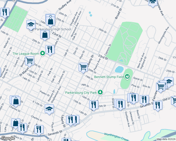 map of restaurants, bars, coffee shops, grocery stores, and more near 1724 20th St in Parkersburg