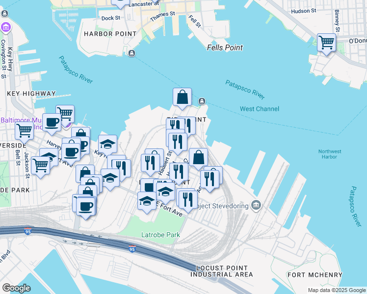 map of restaurants, bars, coffee shops, grocery stores, and more near 1143 Hull Street in Baltimore
