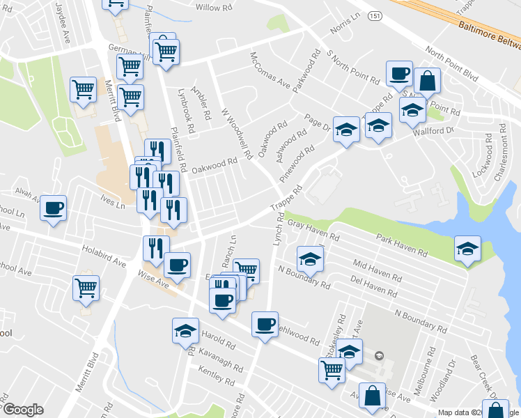 map of restaurants, bars, coffee shops, grocery stores, and more near 311 Trappe Road in Dundalk