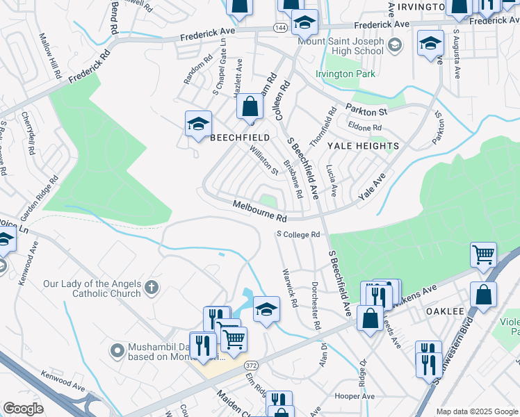 map of restaurants, bars, coffee shops, grocery stores, and more near 4778 Melbourne Road in Baltimore