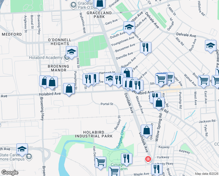 map of restaurants, bars, coffee shops, grocery stores, and more near 6608 Holabird Avenue in Baltimore