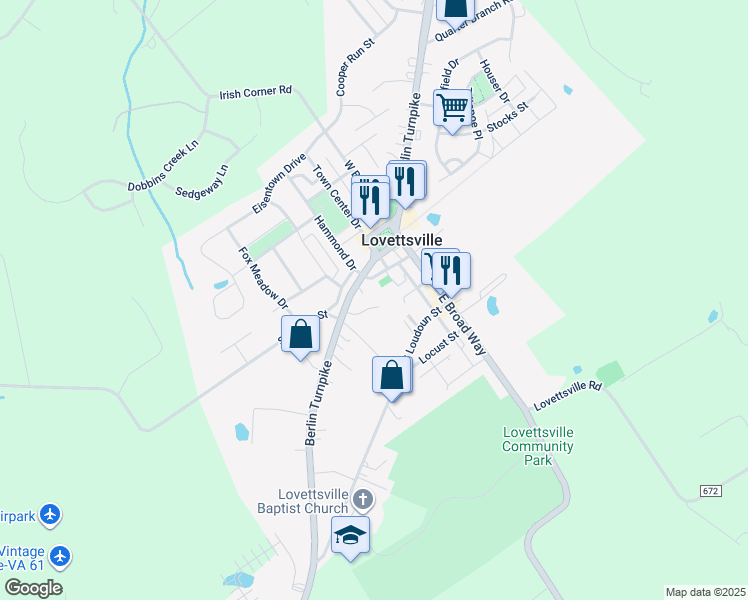 map of restaurants, bars, coffee shops, grocery stores, and more near 23 Germanna Drive in Lovettsville