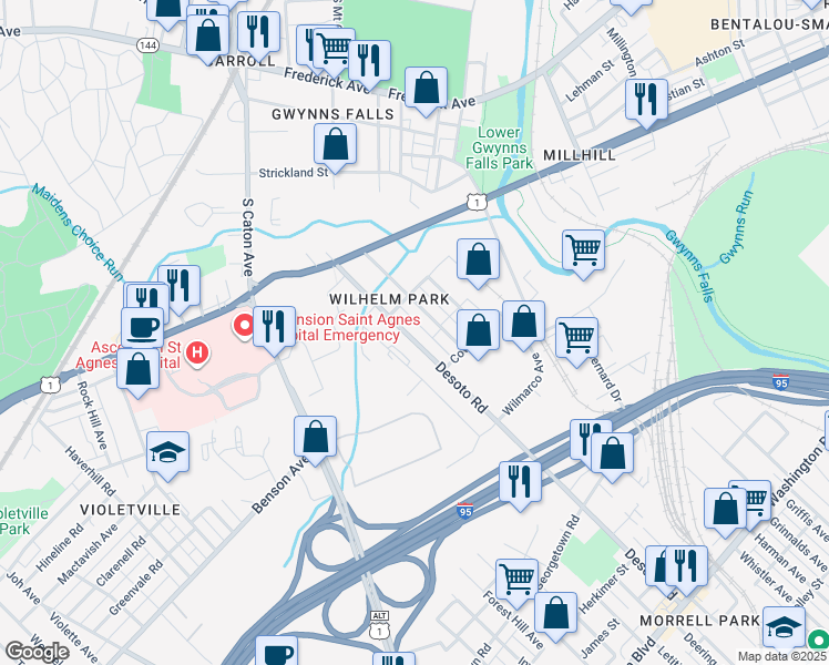 map of restaurants, bars, coffee shops, grocery stores, and more near 1015 Desoto Road in Baltimore