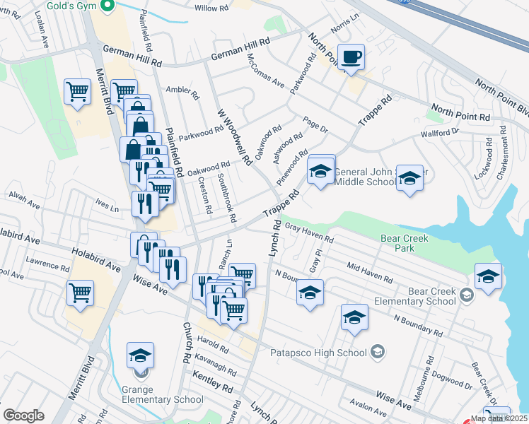 map of restaurants, bars, coffee shops, grocery stores, and more near 458 Trappe Road in Dundalk