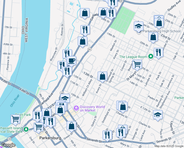map of restaurants, bars, coffee shops, grocery stores, and more near 1312 Juliana Street in Parkersburg