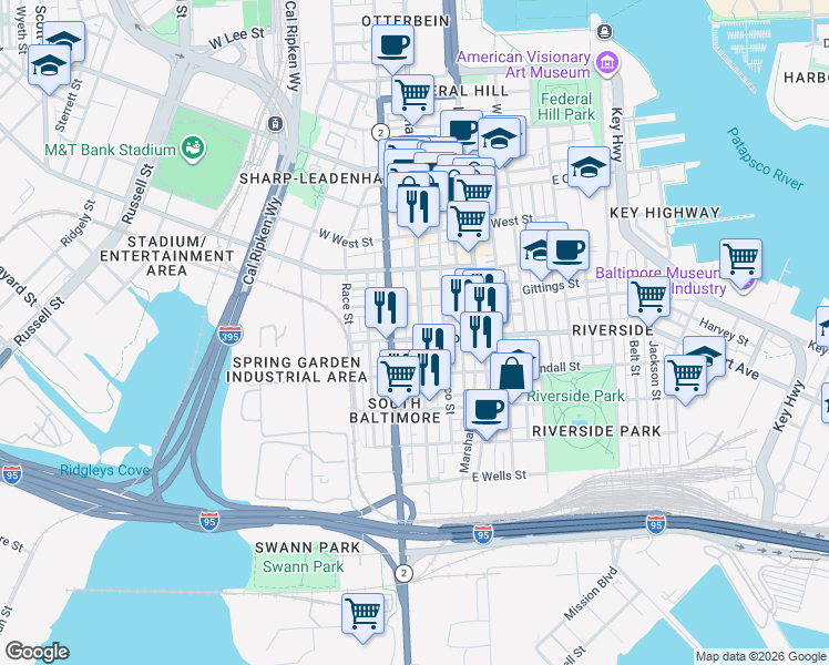 map of restaurants, bars, coffee shops, grocery stores, and more near 1444 South Charles Street in Baltimore