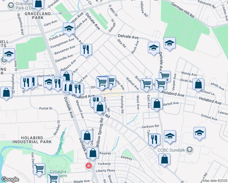 map of restaurants, bars, coffee shops, grocery stores, and more near 6922 Holabird Avenue in Dundalk