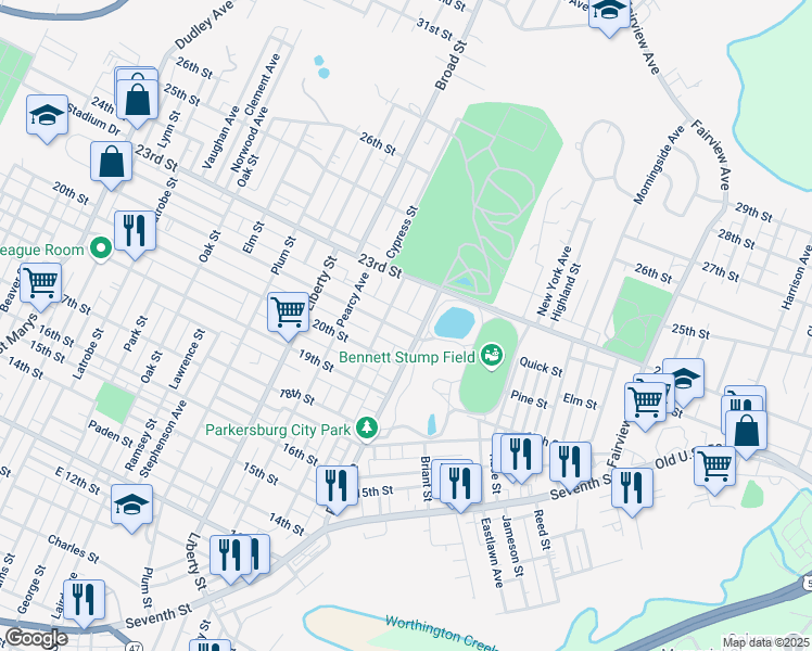 map of restaurants, bars, coffee shops, grocery stores, and more near 2021 Washington Avenue in Parkersburg