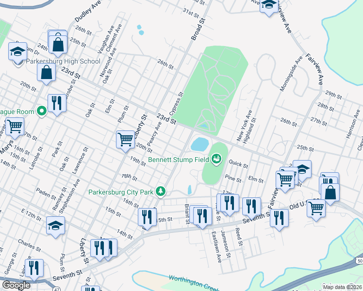 map of restaurants, bars, coffee shops, grocery stores, and more near 2021 Washington Avenue in Parkersburg