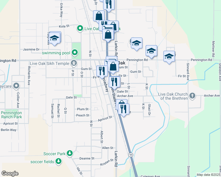 map of restaurants, bars, coffee shops, grocery stores, and more near 9731 Live Oak Boulevard in Live Oak