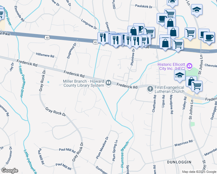 map of restaurants, bars, coffee shops, grocery stores, and more near 9421 Frederick Road in Ellicott City