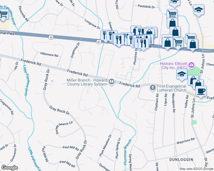 map of restaurants, bars, coffee shops, grocery stores, and more near 9421 Frederick Road in Ellicott City