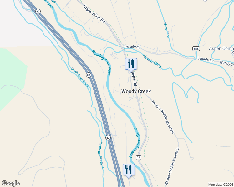map of restaurants, bars, coffee shops, grocery stores, and more near 253 Liberty Lane in Woody Creek