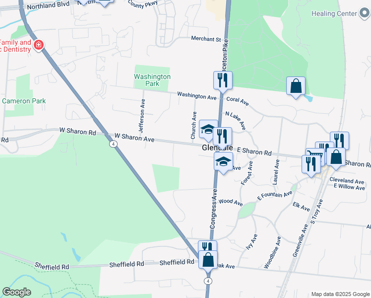 map of restaurants, bars, coffee shops, grocery stores, and more near 61 West Sharon Avenue in Glendale