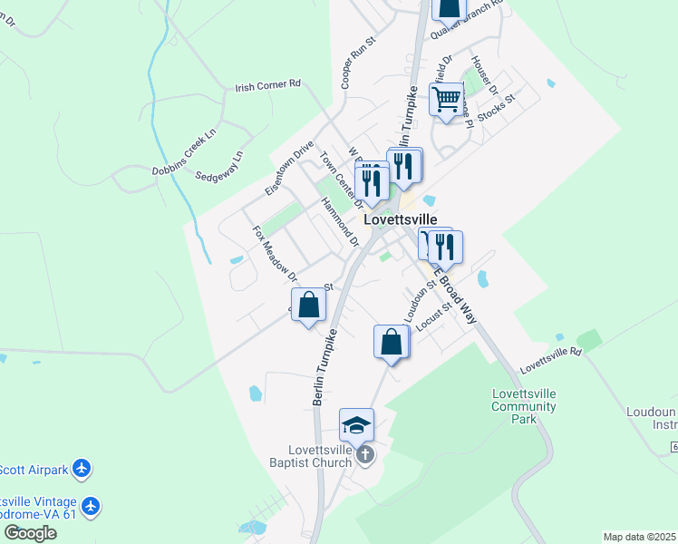 map of restaurants, bars, coffee shops, grocery stores, and more near 8 Kirche Street in Lovettsville