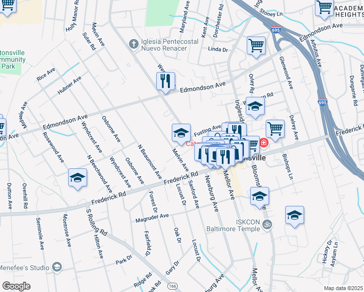 map of restaurants, bars, coffee shops, grocery stores, and more near 30 Melvin Avenue in Catonsville