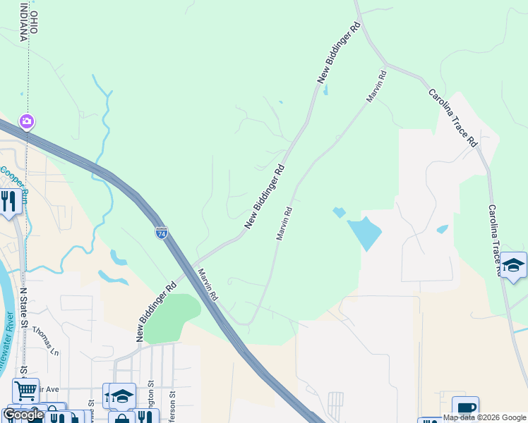 map of restaurants, bars, coffee shops, grocery stores, and more near 10596 New Biddinger Road in Harrison