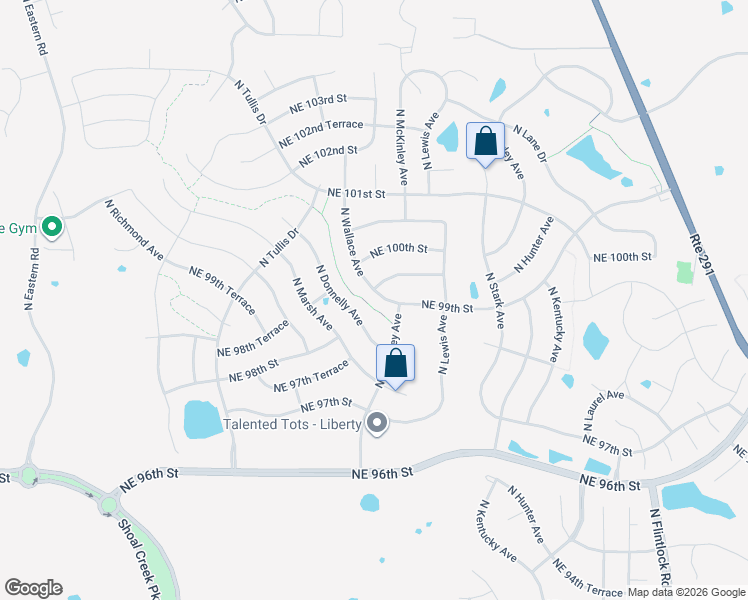 map of restaurants, bars, coffee shops, grocery stores, and more near 8507 Northeast 99th Street in Kansas City