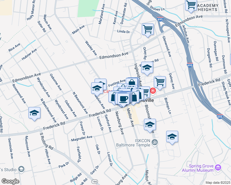 map of restaurants, bars, coffee shops, grocery stores, and more near 110 East Melrose Avenue in Catonsville