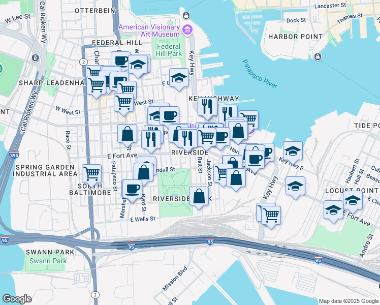 map of restaurants, bars, coffee shops, grocery stores, and more near East Fort Avenue & Covington Street in Baltimore