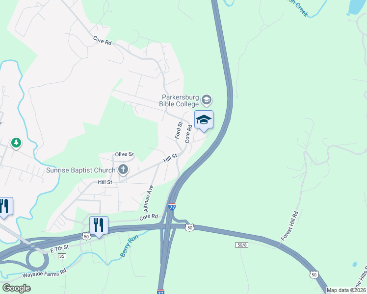 map of restaurants, bars, coffee shops, grocery stores, and more near 910 Core Rd in Parkersburg