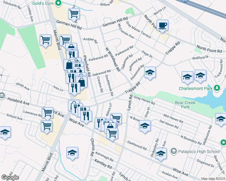 map of restaurants, bars, coffee shops, grocery stores, and more near 2901 Southbrook Road in Dundalk