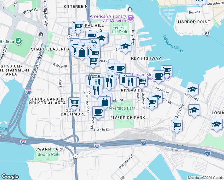 map of restaurants, bars, coffee shops, grocery stores, and more near 214 East Fort Avenue in Baltimore