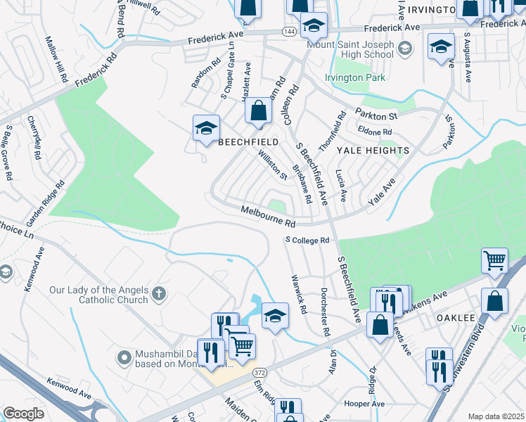 map of restaurants, bars, coffee shops, grocery stores, and more near 4792 Melbourne Road in Baltimore