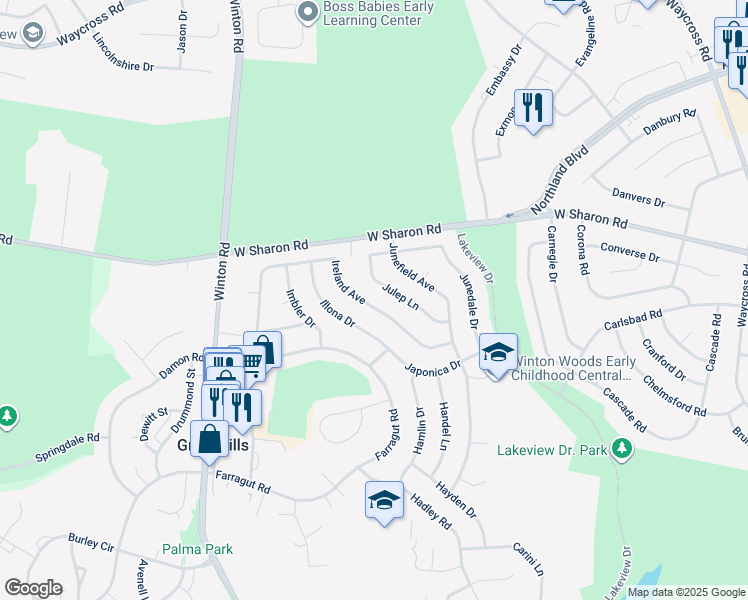 map of restaurants, bars, coffee shops, grocery stores, and more near 169 Ireland Avenue in Cincinnati