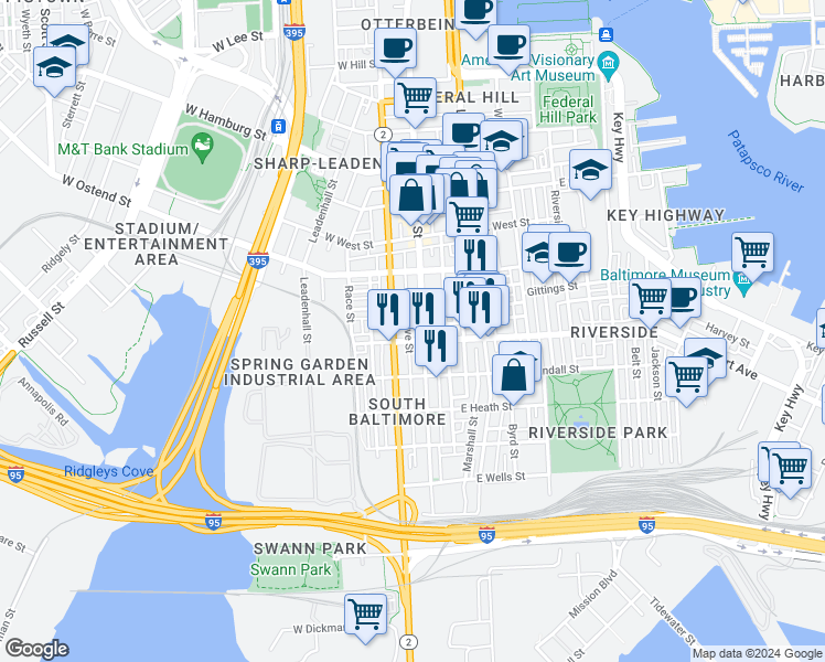 map of restaurants, bars, coffee shops, grocery stores, and more near 1429 Olive Street in Baltimore