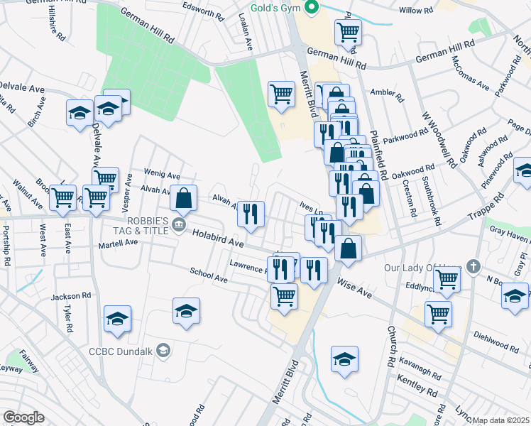map of restaurants, bars, coffee shops, grocery stores, and more near 1654 Manor Road in Dundalk