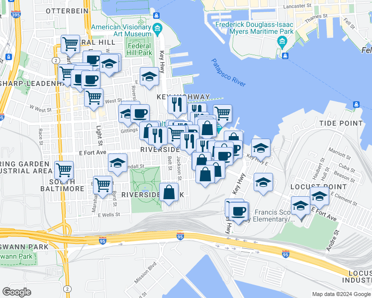 map of restaurants, bars, coffee shops, grocery stores, and more near 630 East Fort Avenue in Baltimore