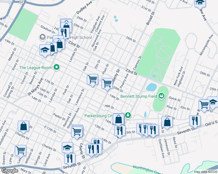 map of restaurants, bars, coffee shops, grocery stores, and more near 1724 20th Street in Parkersburg