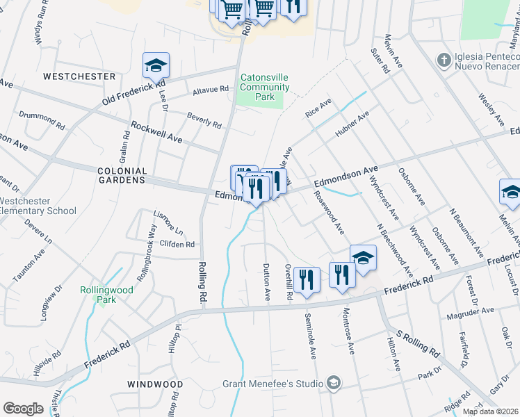 map of restaurants, bars, coffee shops, grocery stores, and more near 1701 Edmondson Avenue in Catonsville