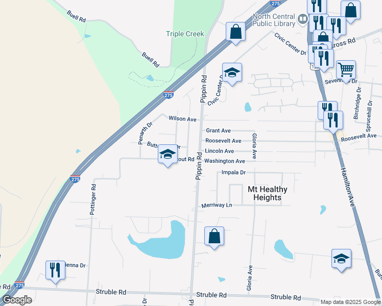 map of restaurants, bars, coffee shops, grocery stores, and more near 10844 Newmarket Drive in Cincinnati