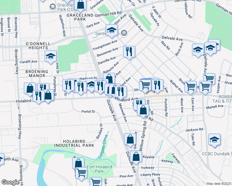 map of restaurants, bars, coffee shops, grocery stores, and more near 6701 5th Avenue in Baltimore