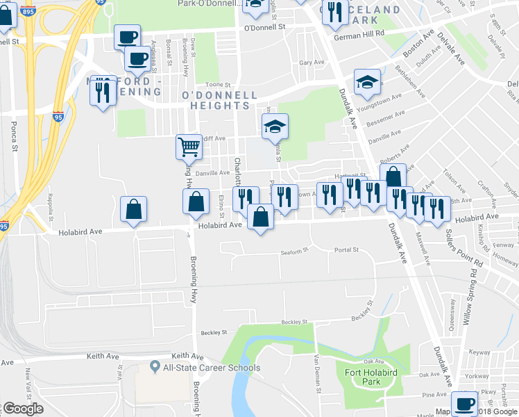 map of restaurants, bars, coffee shops, grocery stores, and more near 6213 Eastbourne Avenue in Baltimore