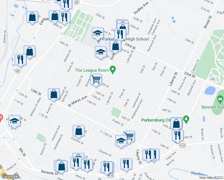 map of restaurants, bars, coffee shops, grocery stores, and more near 1625 Latrobe Street in Parkersburg
